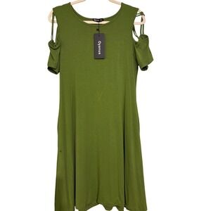 Oyanus Olive Green Cold Shoulder Casual Dress w/ pockets Size Large - read Note!